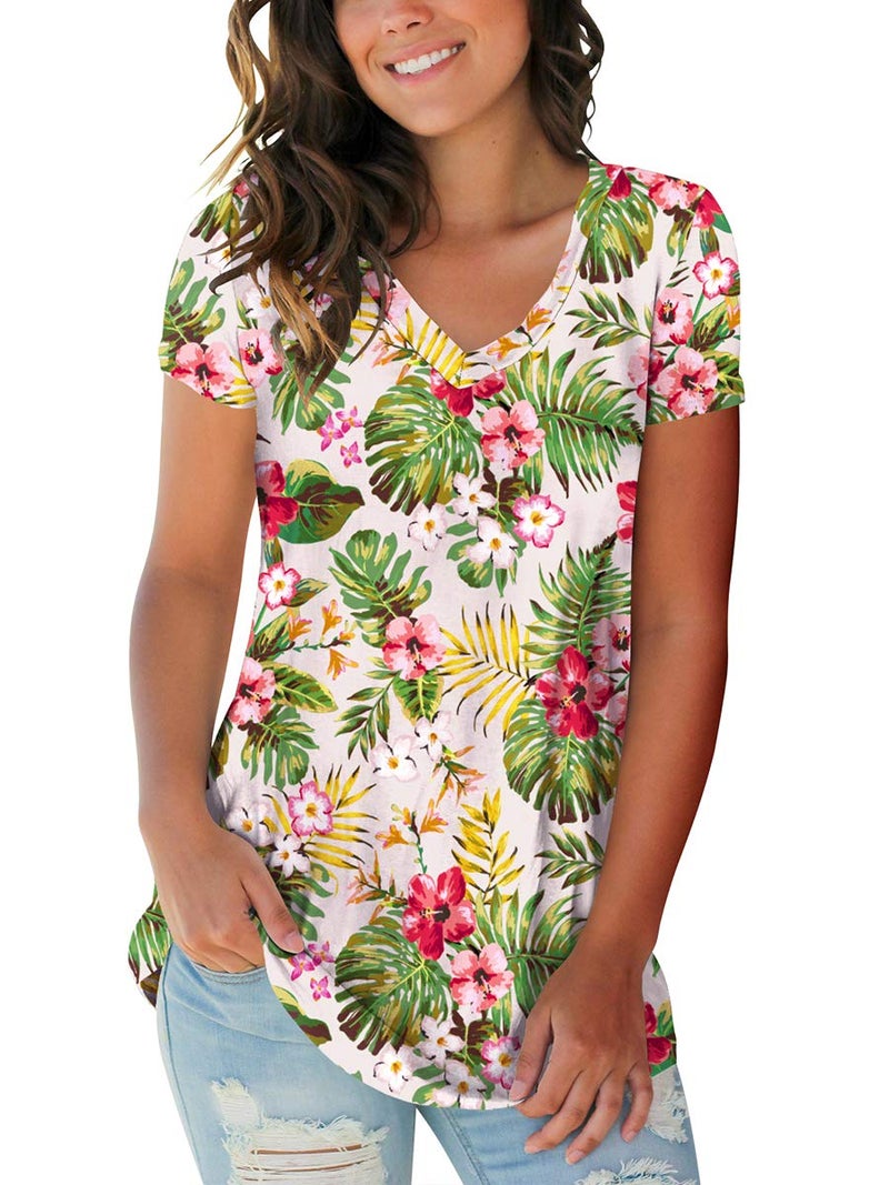 SAMPEEL Cute Summer Tops for Women V Neck Floral T Shirts Loose Boho Clothes Beige L - Image 1
